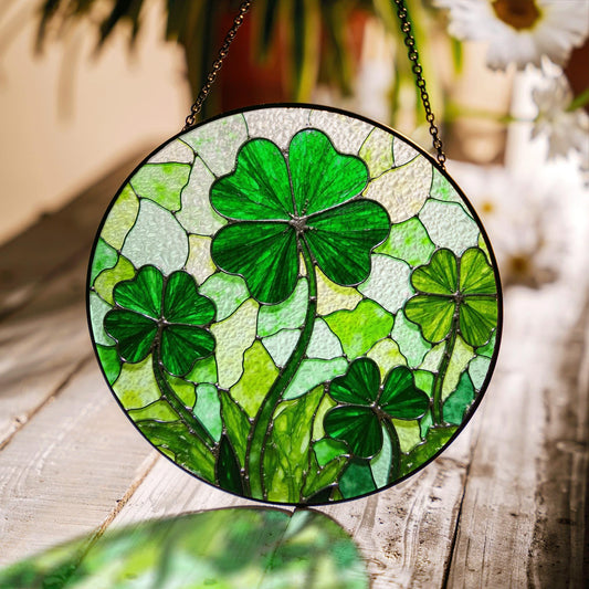 Four Leaf Clover Stained Glass Round Window Suncatcher Handmade Sun Catcher Lucky Charm St Patrick Day Gift for Friend