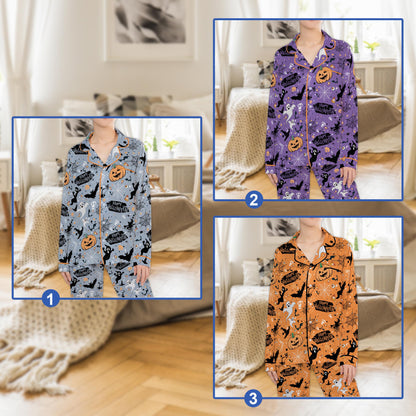 Happy Halloween Pajamas Set, Spooky Ghost Pumpkin Pajama Set, Trick or Treat Sleepwear, Short or Long Sleeve Halloween Loungewear For Women