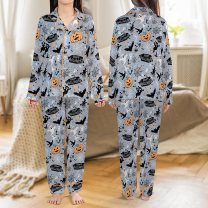Happy Halloween Pajamas Set, Spooky Ghost Pumpkin Pajama Set, Trick or Treat Sleepwear, Short or Long Sleeve Halloween Loungewear For Women
