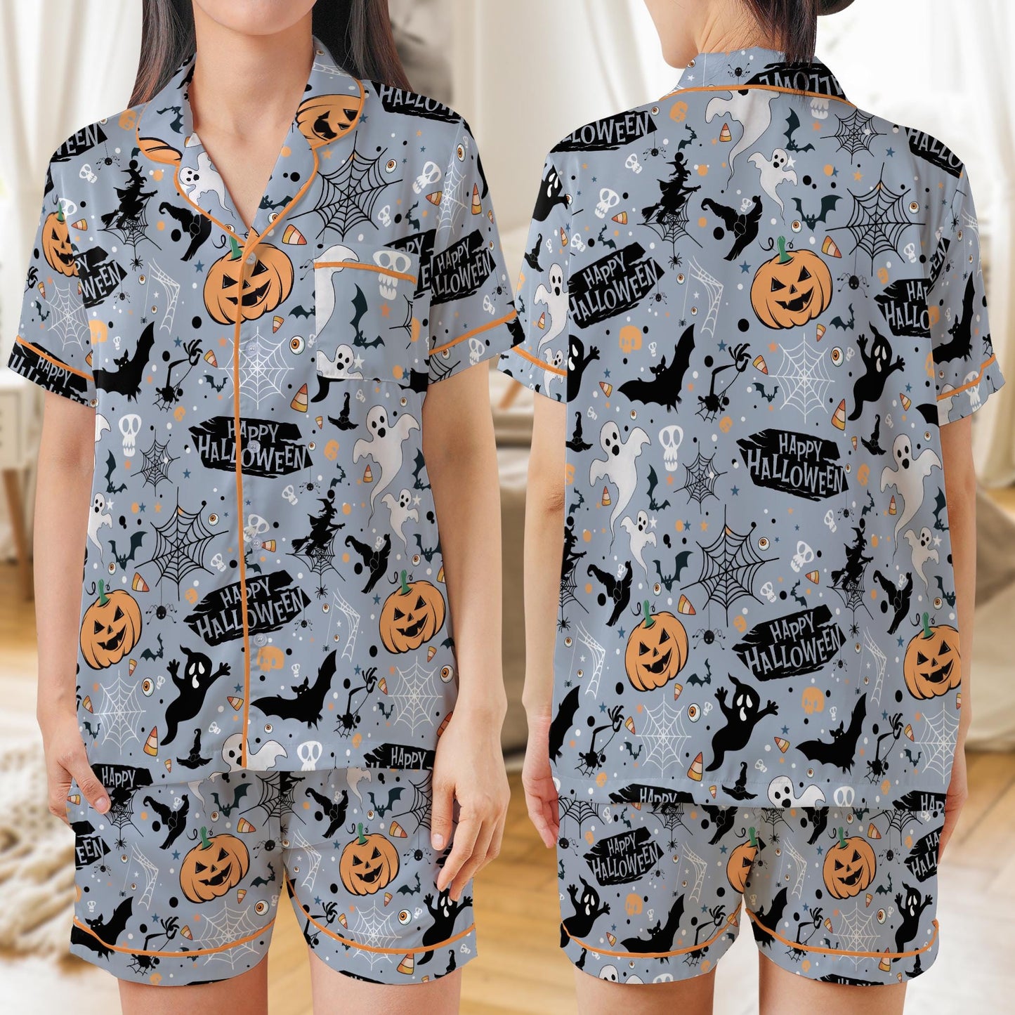 Happy Halloween Pajamas Set, Spooky Ghost Pumpkin Pajama Set, Trick or Treat Sleepwear, Short or Long Sleeve Halloween Loungewear For Women
