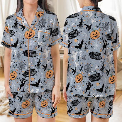 Happy Halloween Pajamas Set, Spooky Ghost Pumpkin Pajama Set, Trick or Treat Sleepwear, Short or Long Sleeve Halloween Loungewear For Women