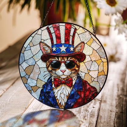 Patriotic cat Uncle Sam sunglasses stained glass round suncatcher window decor Independence Day gift for cat lovers