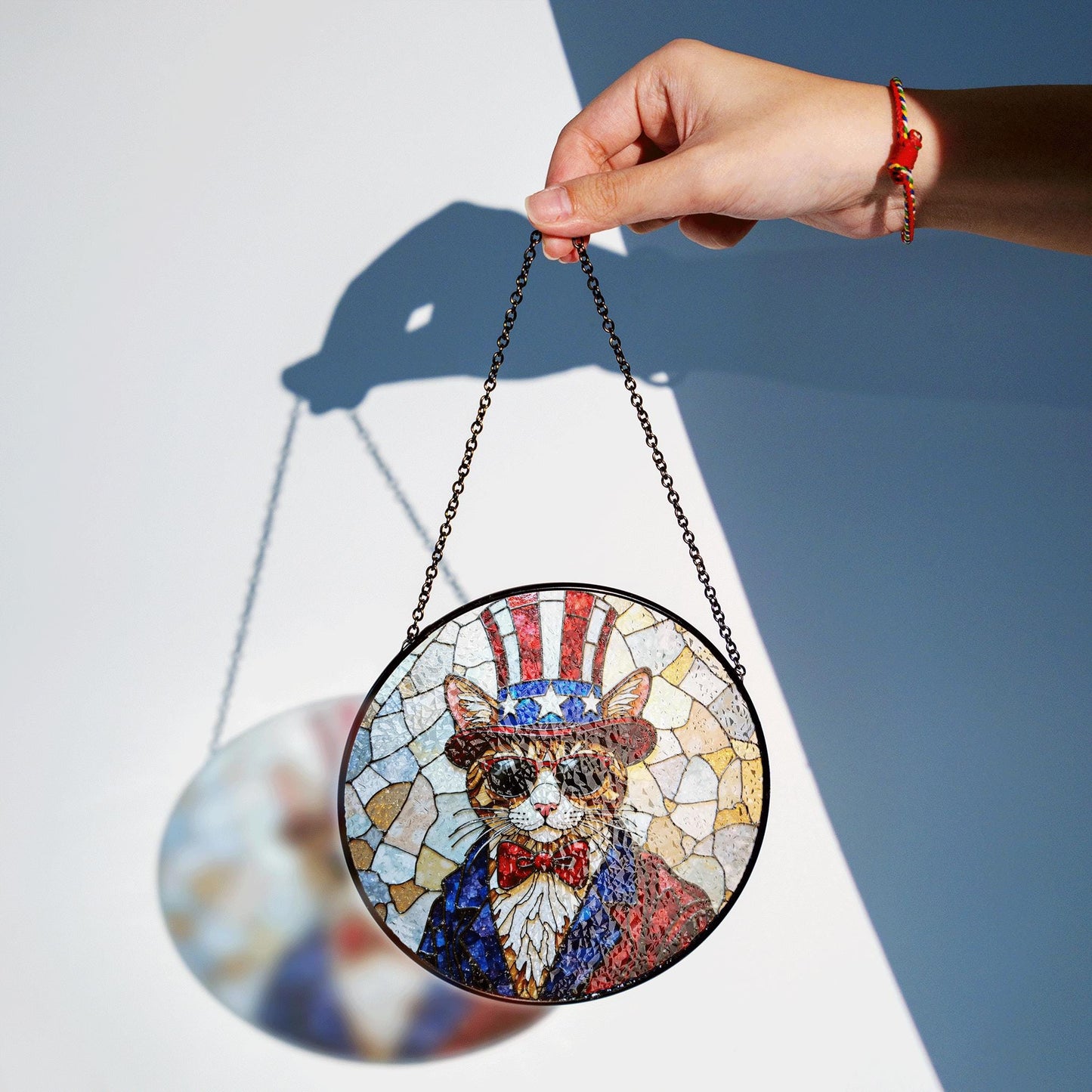 Patriotic cat Uncle Sam sunglasses stained glass round suncatcher window decor Independence Day gift for cat lovers