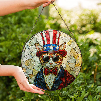 Patriotic cat Uncle Sam sunglasses stained glass round suncatcher window decor Independence Day gift for cat lovers