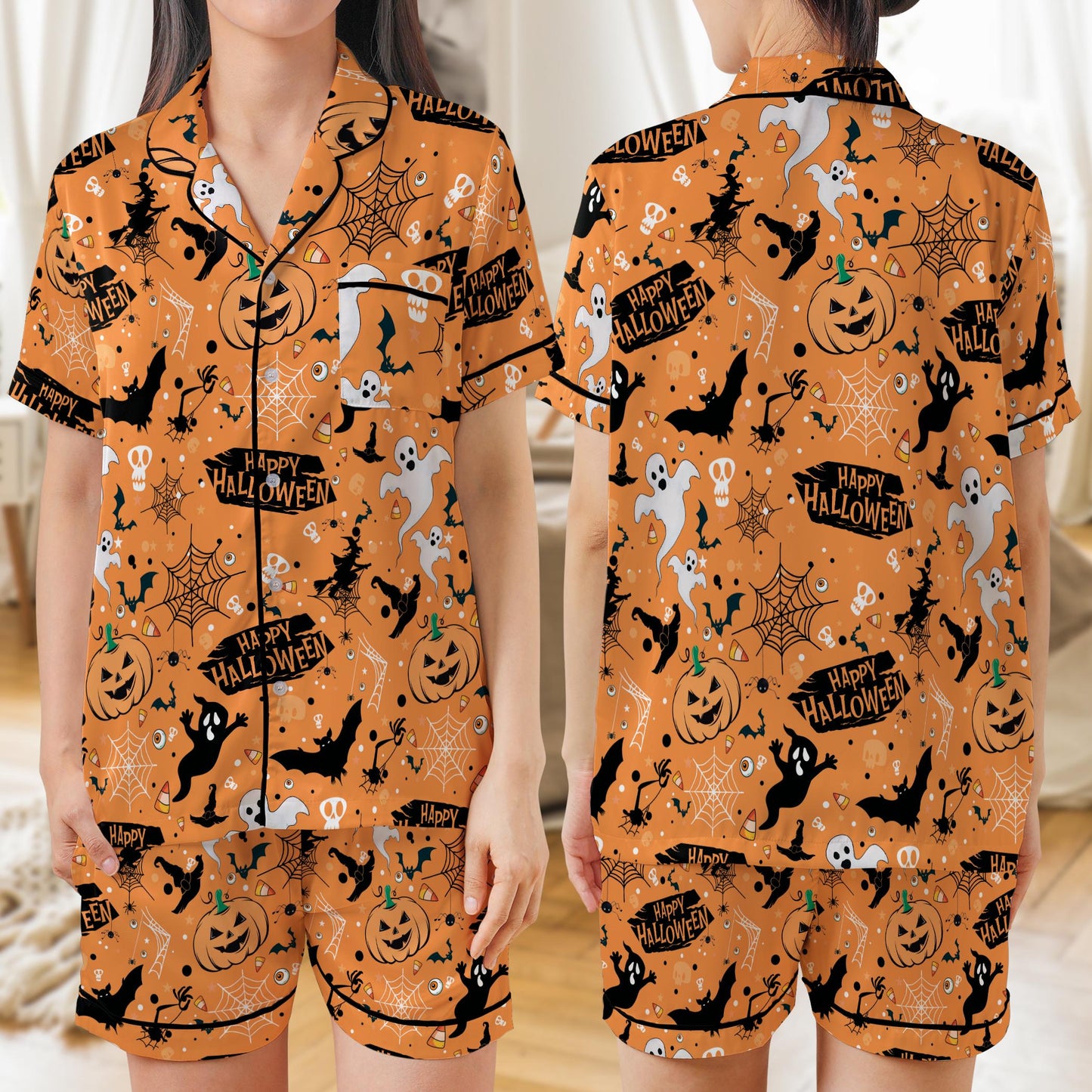 Happy Halloween Pajamas Set, Spooky Ghost Pumpkin Pajama Set, Trick or Treat Sleepwear, Short or Long Sleeve Halloween Loungewear For Women