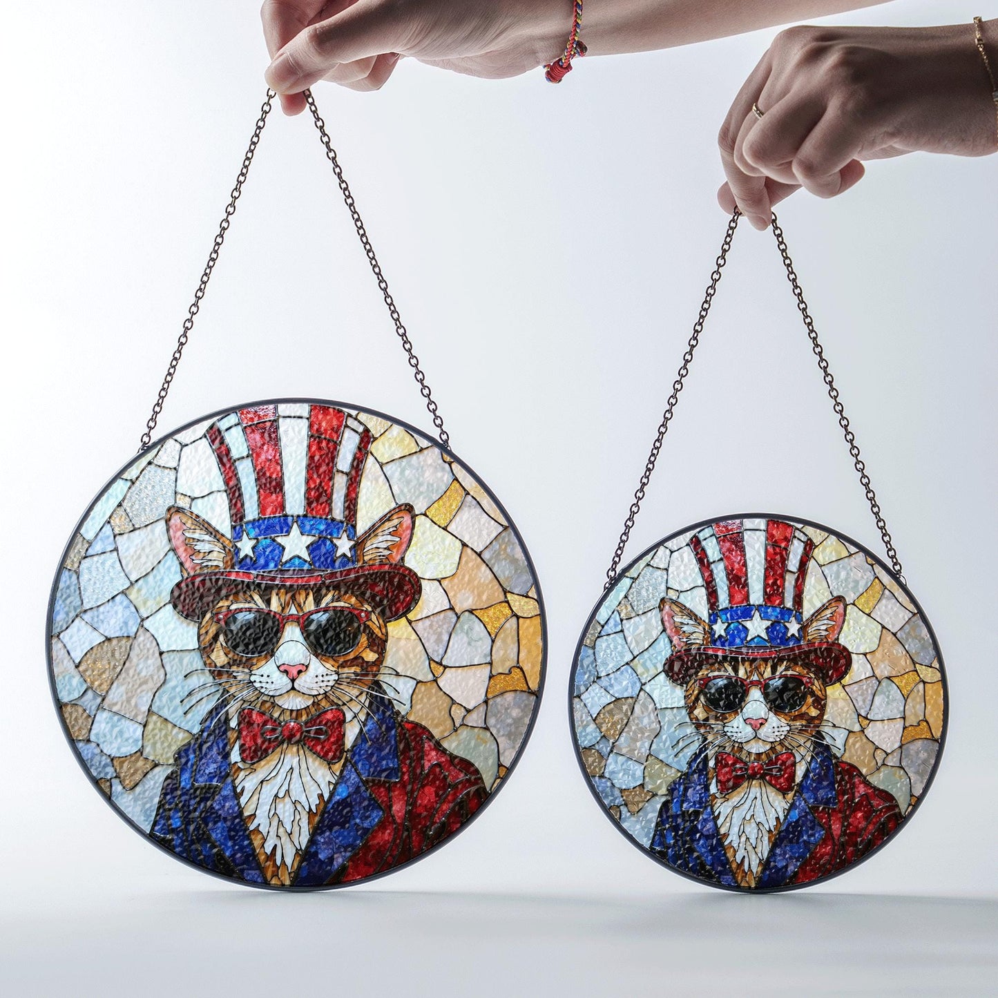 Patriotic cat Uncle Sam sunglasses stained glass round suncatcher window decor Independence Day gift for cat lovers