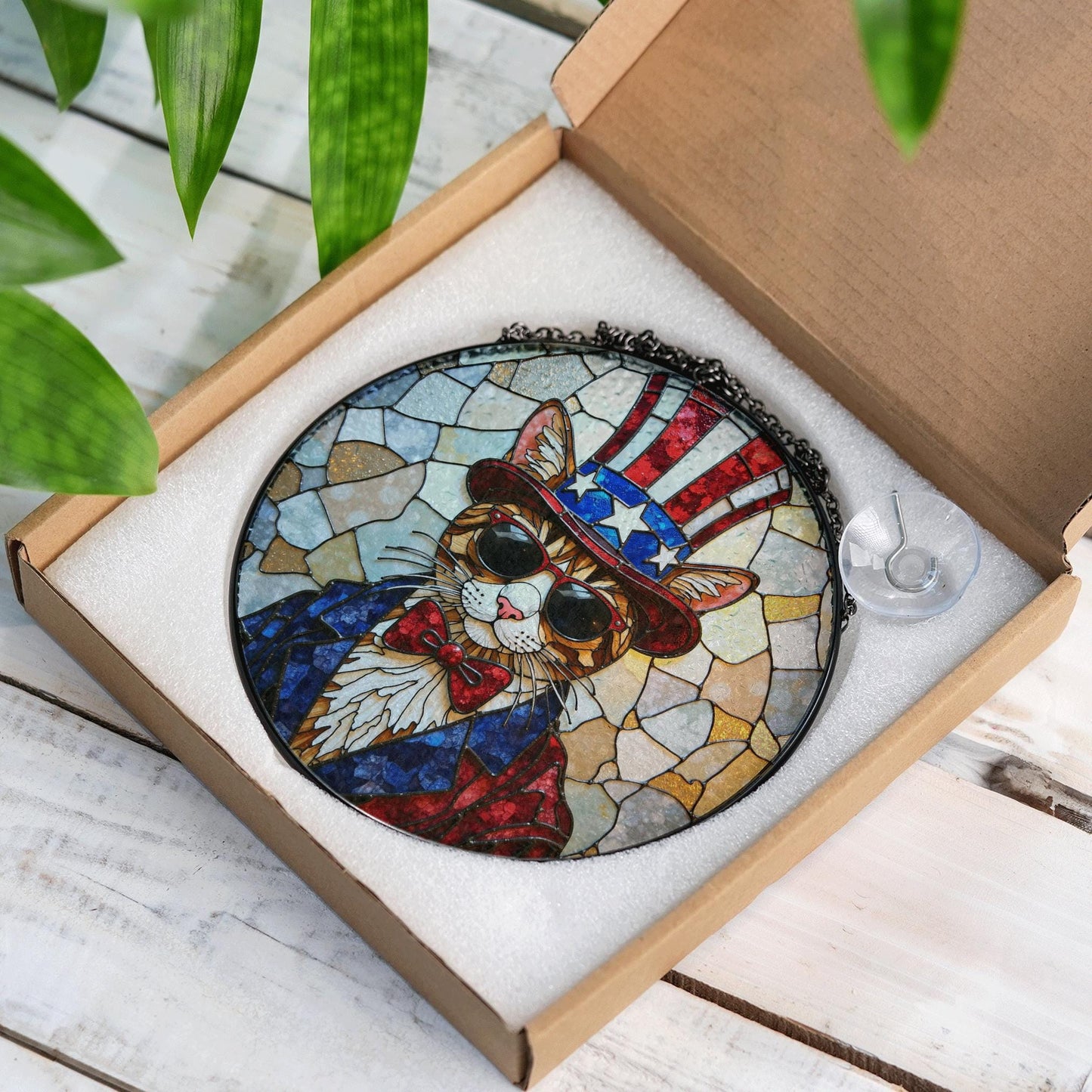 Patriotic cat Uncle Sam sunglasses stained glass round suncatcher window decor Independence Day gift for cat lovers