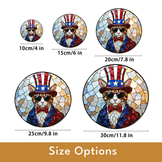 Patriotic cat Uncle Sam sunglasses stained glass round suncatcher window decor Independence Day gift for cat lovers
