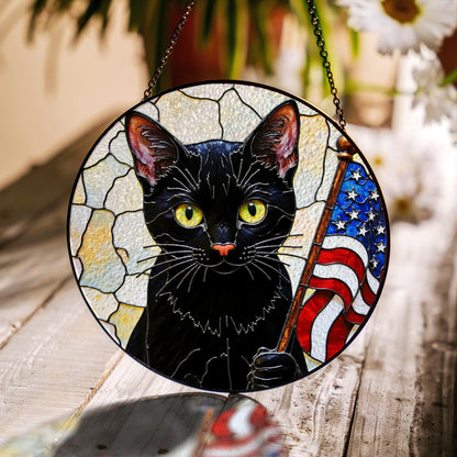 Black cat with American flag mosaic stained glass suncatcher window decor Independence Day gift for cat lover