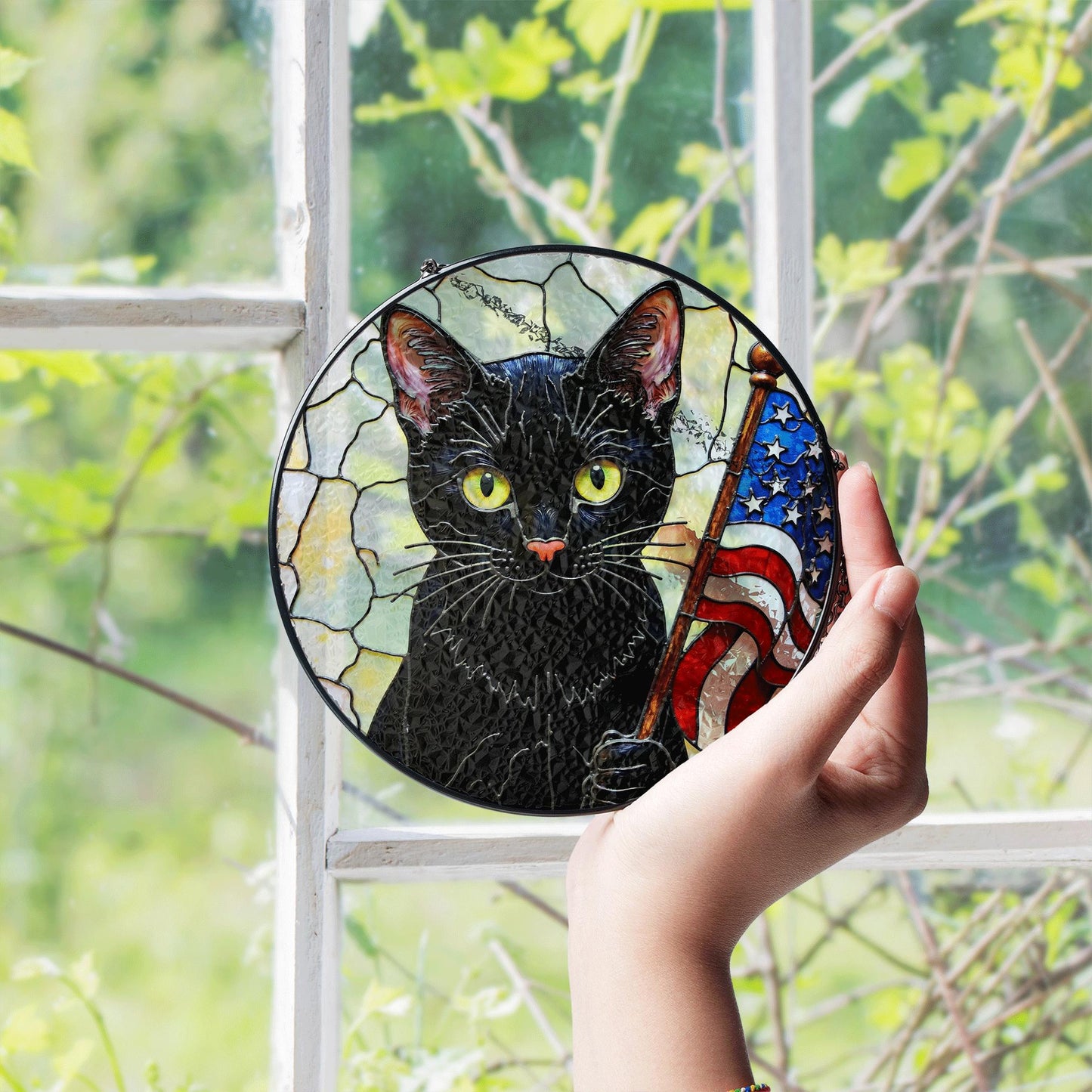 Black cat with American flag mosaic stained glass suncatcher window decor Independence Day gift for cat lover