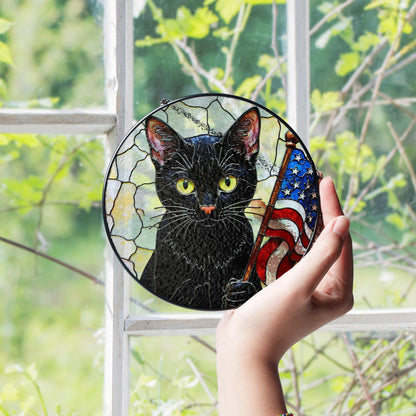 Black cat with American flag mosaic stained glass suncatcher window decor Independence Day gift for cat lover