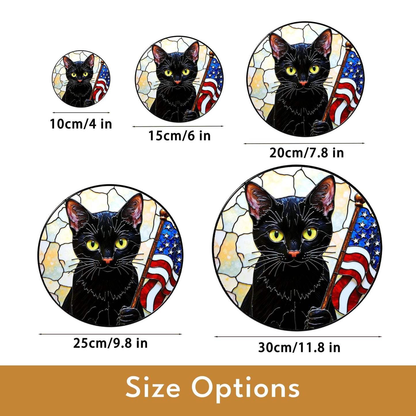 Black cat with American flag mosaic stained glass suncatcher window decor Independence Day gift for cat lover