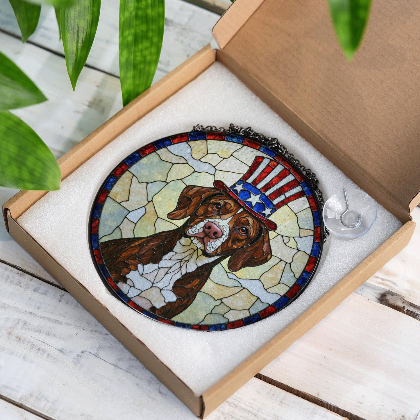 Fourth of July Uncle Sam dog art stained glass suncatcher window decor gift for patriotic dog lover