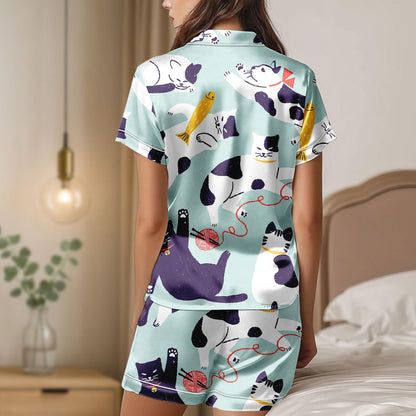 Cat Satin Pajamas Set, Cat Love Short Pajamas, Cat Pyjamas, Sleepwear Matching Pjs, Lounge Set, Cat Pajamas for Women, Pet Lover Gift