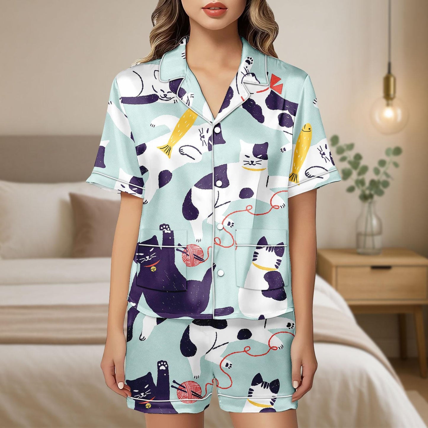 Cat Satin Pajamas Set, Cat Love Short Pajamas, Cat Pyjamas, Sleepwear Matching Pjs, Lounge Set, Cat Pajamas for Women, Pet Lover Gift