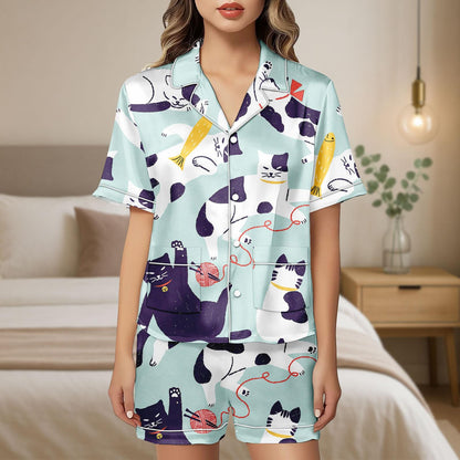 Cat Satin Pajamas Set, Cat Love Short Pajamas, Cat Pyjamas, Sleepwear Matching Pjs, Lounge Set, Cat Pajamas for Women, Pet Lover Gift