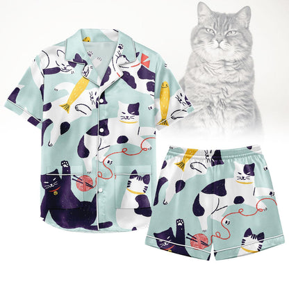 Cat Satin Pajamas Set, Cat Love Short Pajamas, Cat Pyjamas, Sleepwear Matching Pjs, Lounge Set, Cat Pajamas for Women, Pet Lover Gift