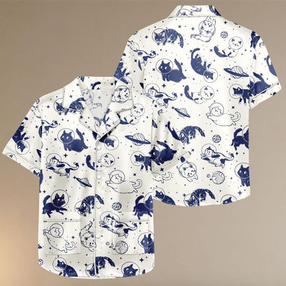 Space Cat Satin Pajamas Short Set, Astronaut Cat Women Pajamas, Galaxy Cat Sleepwear Matching Pjs, Lounge Set For Women, Pet Lover Gift