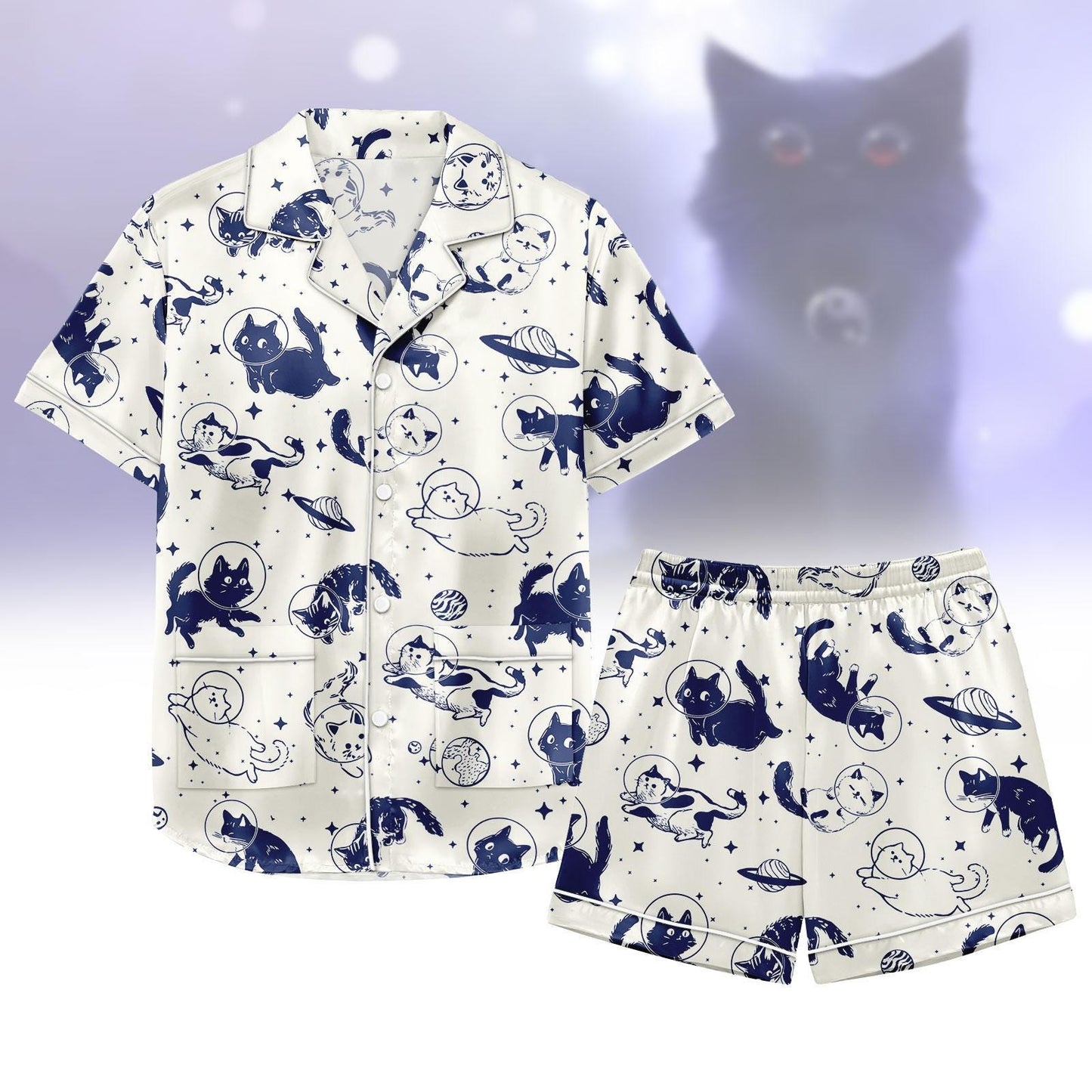 Space Cat Satin Pajamas Short Set, Astronaut Cat Women Pajamas, Galaxy Cat Sleepwear Matching Pjs, Lounge Set For Women, Pet Lover Gift