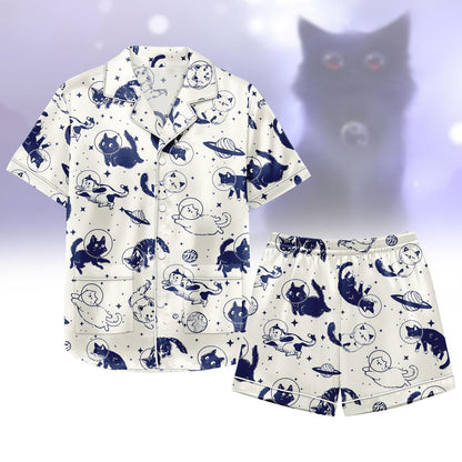 Space Cat Satin Pajamas Short Set, Astronaut Cat Women Pajamas, Galaxy Cat Sleepwear Matching Pjs, Lounge Set For Women, Pet Lover Gift