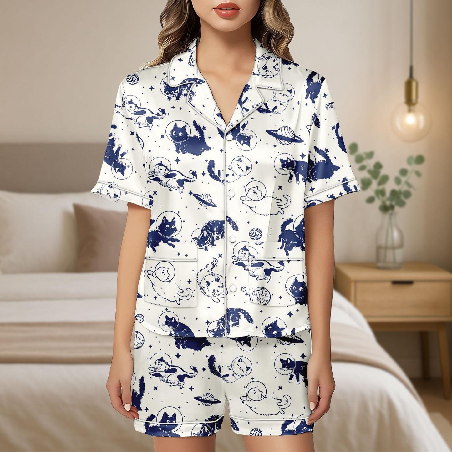 Space Cat Satin Pajamas Short Set, Astronaut Cat Women Pajamas, Galaxy Cat Sleepwear Matching Pjs, Lounge Set For Women, Pet Lover Gift