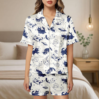 Space Cat Satin Pajamas Short Set, Astronaut Cat Women Pajamas, Galaxy Cat Sleepwear Matching Pjs, Lounge Set For Women, Pet Lover Gift