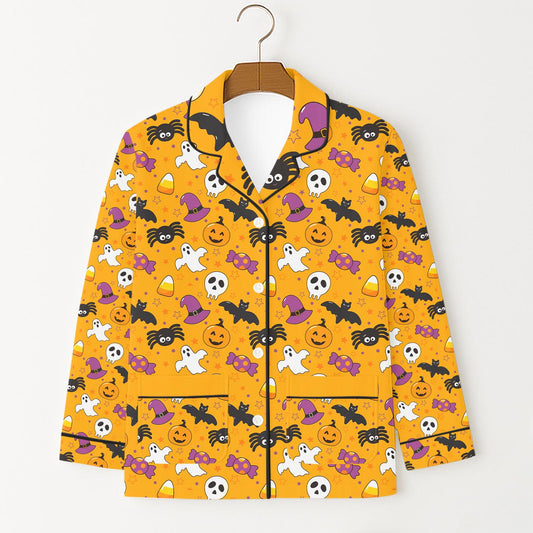 Cute Halloween Women Pajamas Set, Ghost Pumpkin Bat Spider Candy Witch Hat Sleepwear, Spooky Season Pyjamas, Fall Season Long Sleeve Shirt