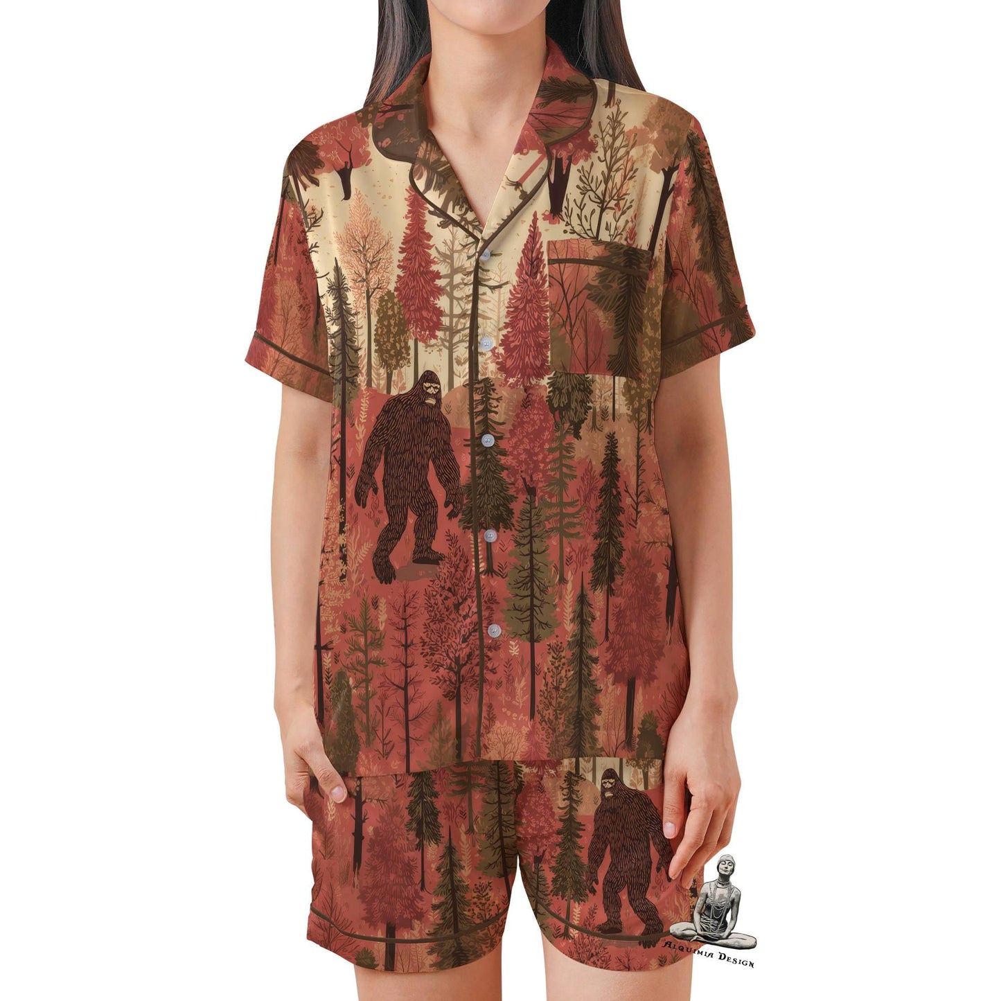 Bigfoot Pajama Set Short Sleeves, Sasquatch Woman's Satin Pajama Short Sleeve Shorts Big foot Gift