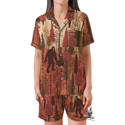 Bigfoot Pajama Set Short Sleeves, Sasquatch Woman's Satin Pajama Short Sleeve Shorts Big foot Gift
