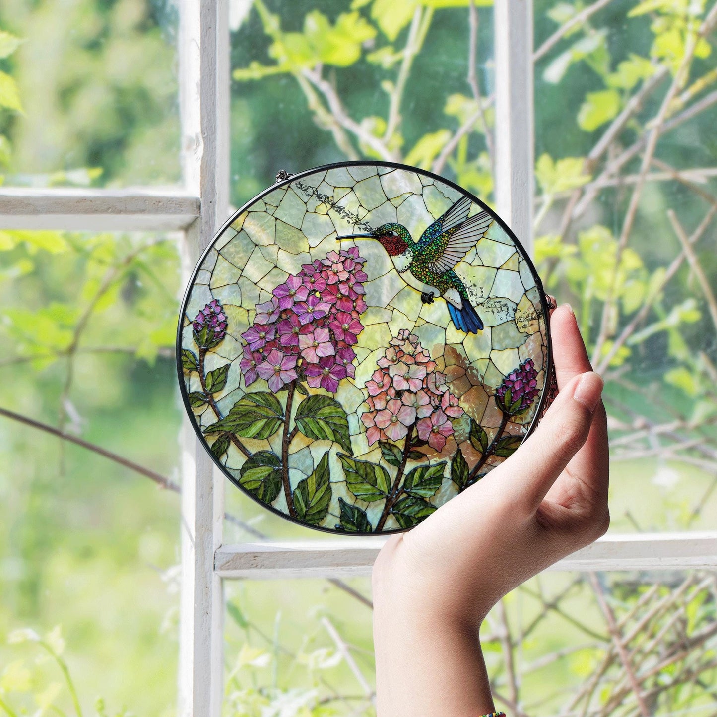 Hummingbird and Hydrangea Round Suncatcher Window Decor Stained Glass Gift for Mom