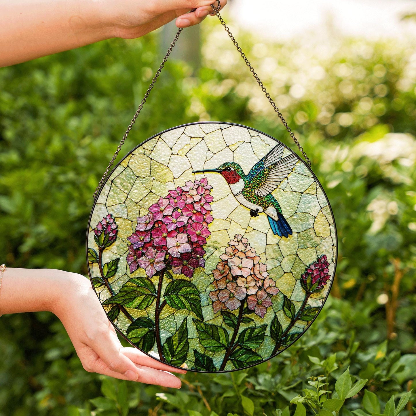 Hummingbird and Hydrangea Round Suncatcher Window Decor Stained Glass Gift for Mom