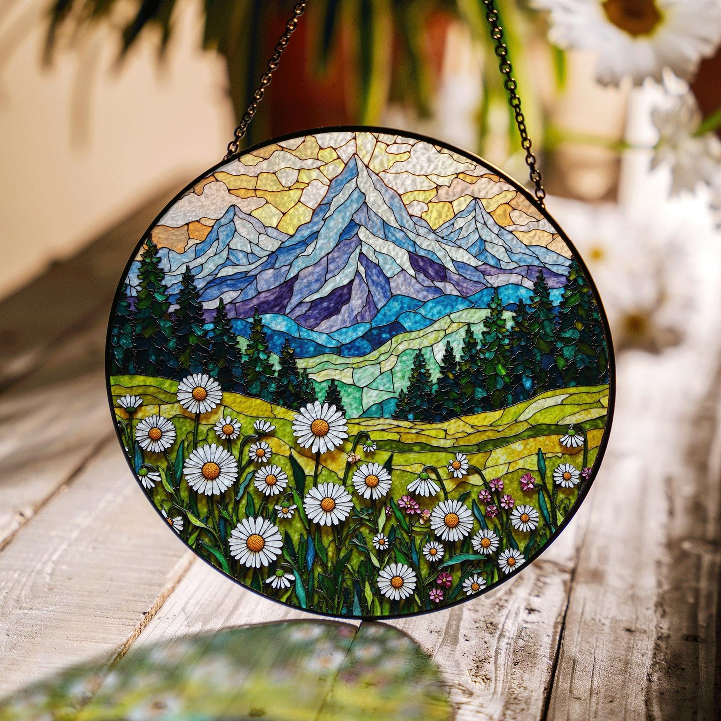 Wildflower Mountain Landscape Suncatcher Window Hanging Nature Art Gift for Mom