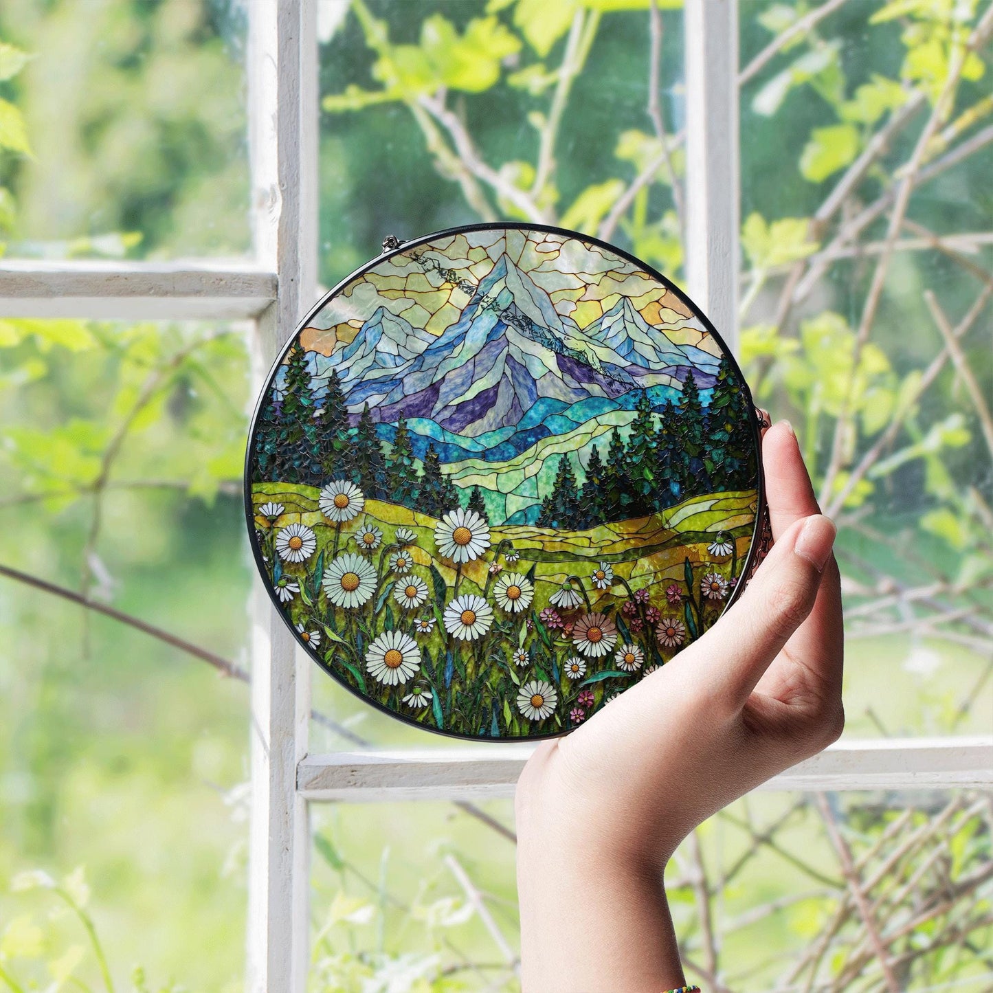 Wildflower Mountain Landscape Suncatcher Window Hanging Nature Art Gift for Mom