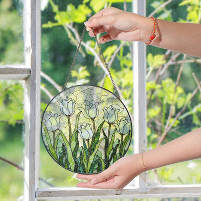 White Tulip Garden Round Glass Suncatcher Window Art Gift for Mothers Day or Spring Birthday