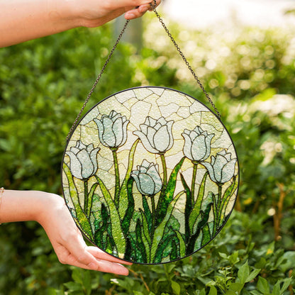 White Tulip Garden Round Glass Suncatcher Window Art Gift for Mothers Day or Spring Birthday