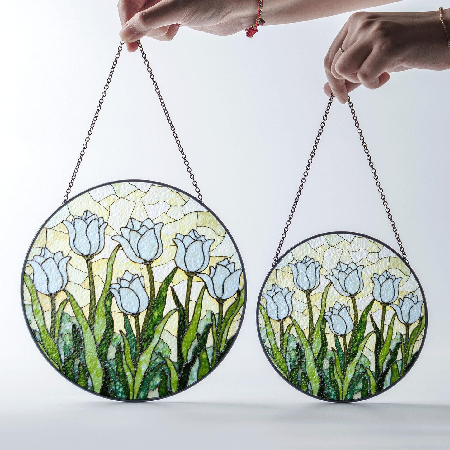 White Tulip Garden Round Glass Suncatcher Window Art Gift for Mothers Day or Spring Birthday