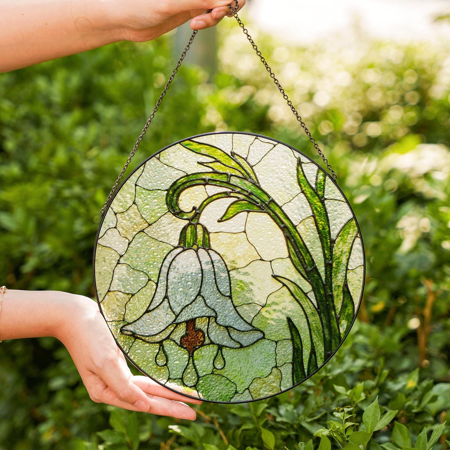 White Bell Flower Stained Glass Suncatcher Floral Window Hanging Gift for Moms and Garden Lovers