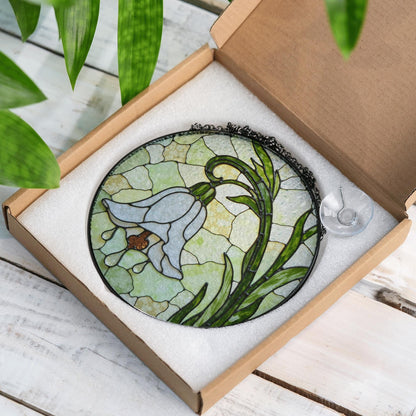 White Bell Flower Stained Glass Suncatcher Floral Window Hanging Gift for Moms and Garden Lovers