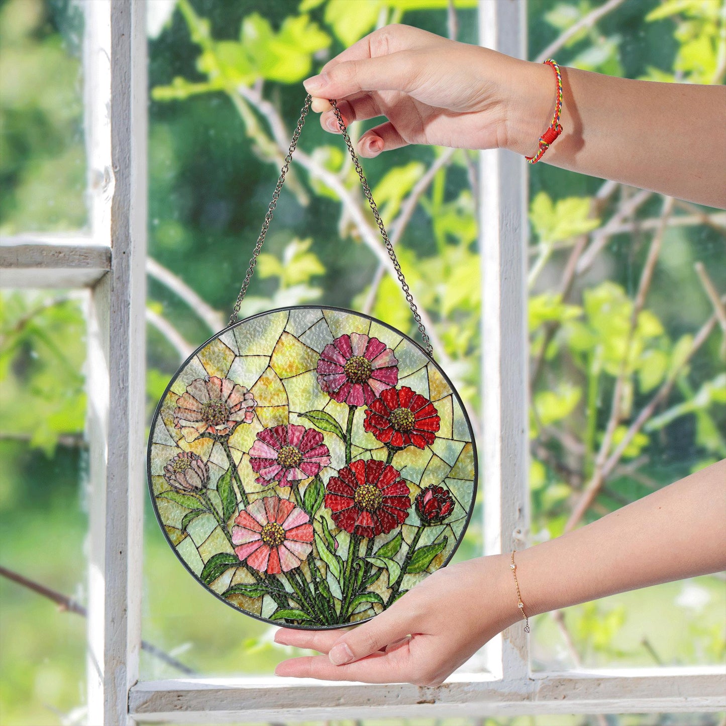 Pink Red Wildflowers Suncatcher Stained Glass Window Decor Gift for Mom Mother Birthday Garden Lover
