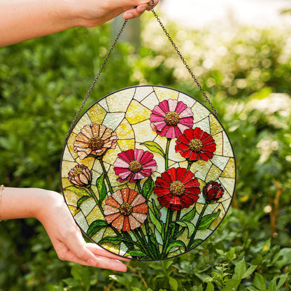 Pink Red Wildflowers Suncatcher Stained Glass Window Decor Gift for Mom Mother Birthday Garden Lover