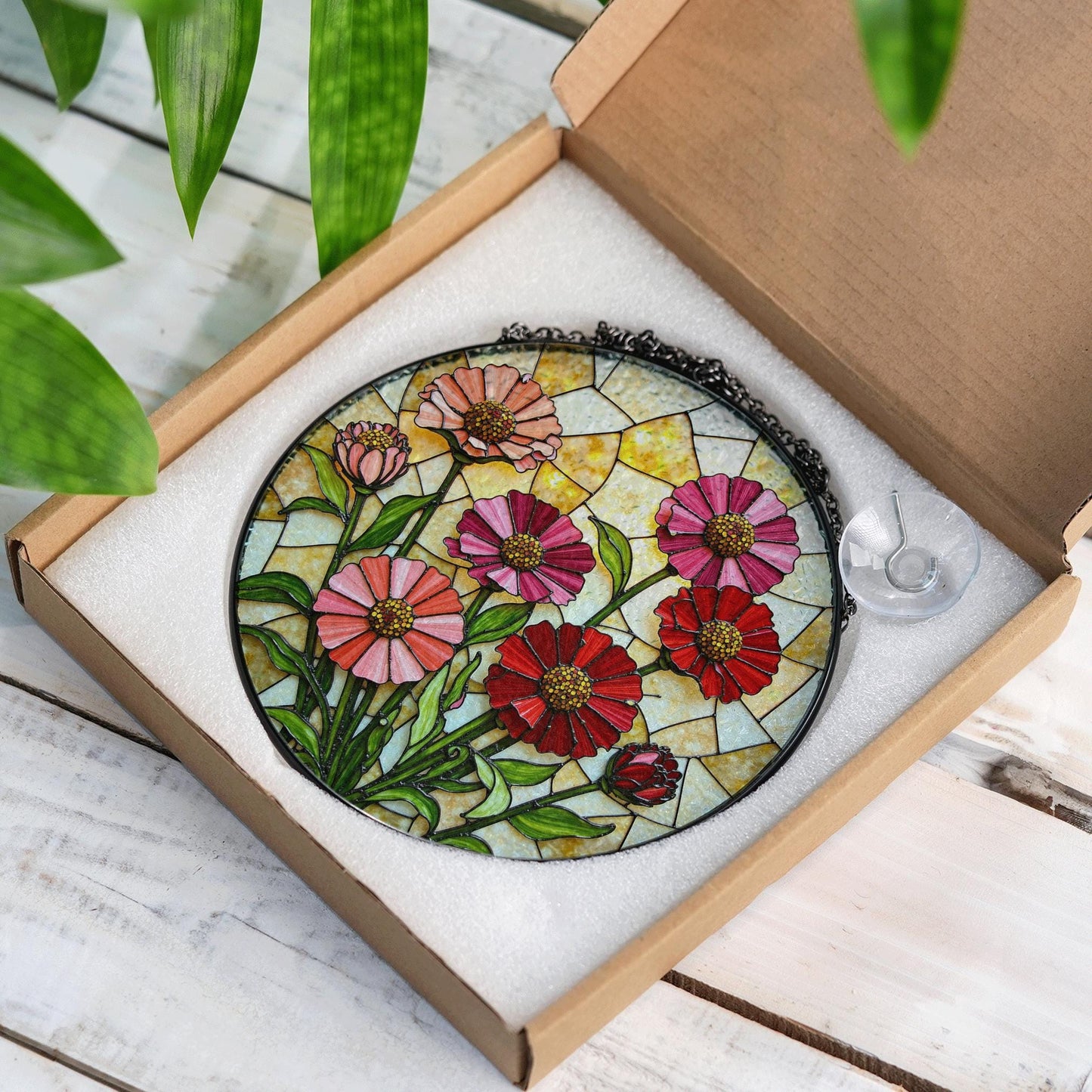 Pink Red Wildflowers Suncatcher Stained Glass Window Decor Gift for Mom Mother Birthday Garden Lover