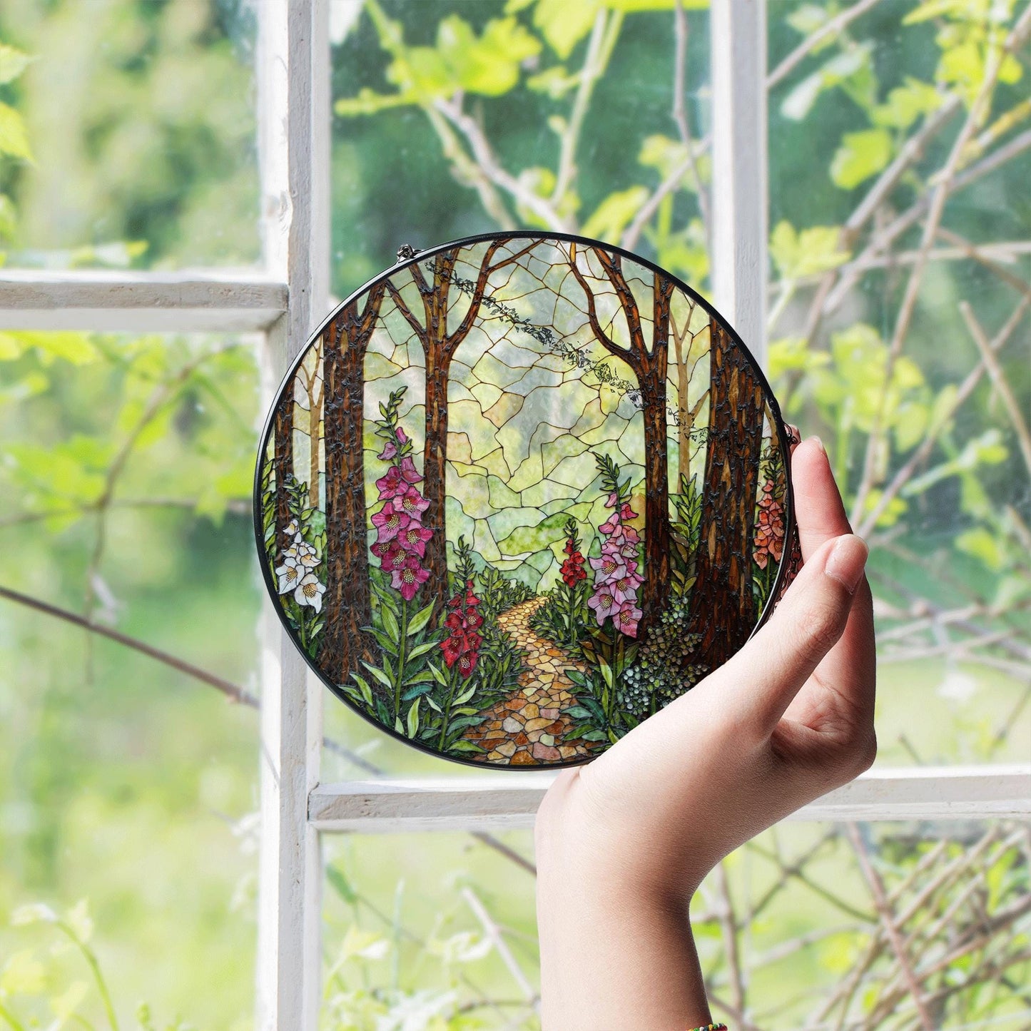 Forest path flower glass suncatcher stained glass woodland window hanging gift for nature lover mom