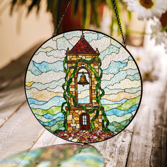 Ivy Tower Bell Scene Suncatcher Stained Glass Style Window Decor Gift for Christmas or Housewarming