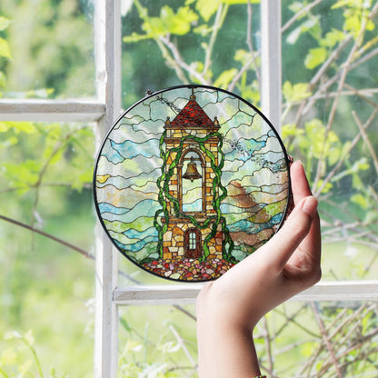 Ivy Tower Bell Scene Suncatcher Stained Glass Style Window Decor Gift for Christmas or Housewarming