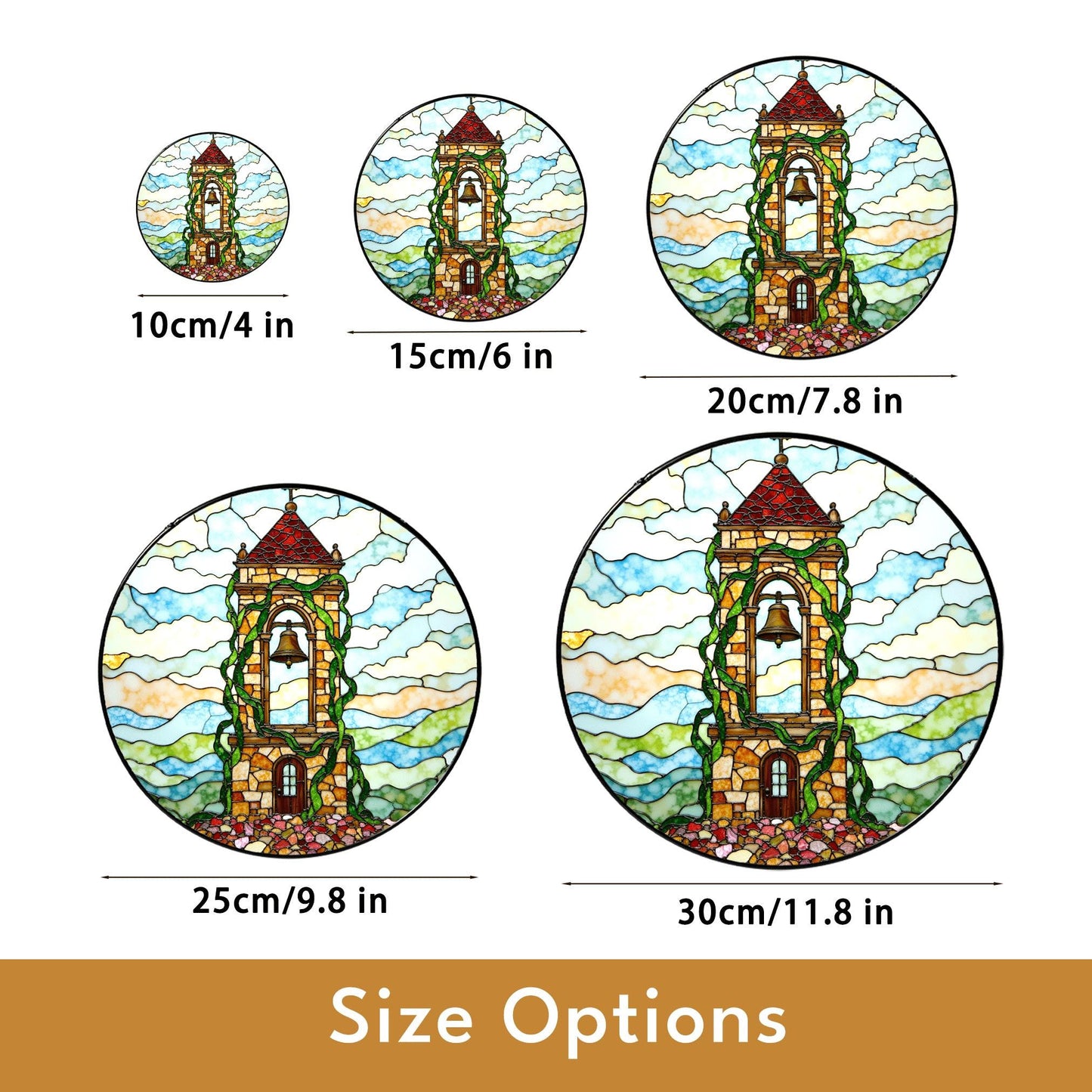 Ivy Tower Bell Scene Suncatcher Stained Glass Style Window Decor Gift for Christmas or Housewarming