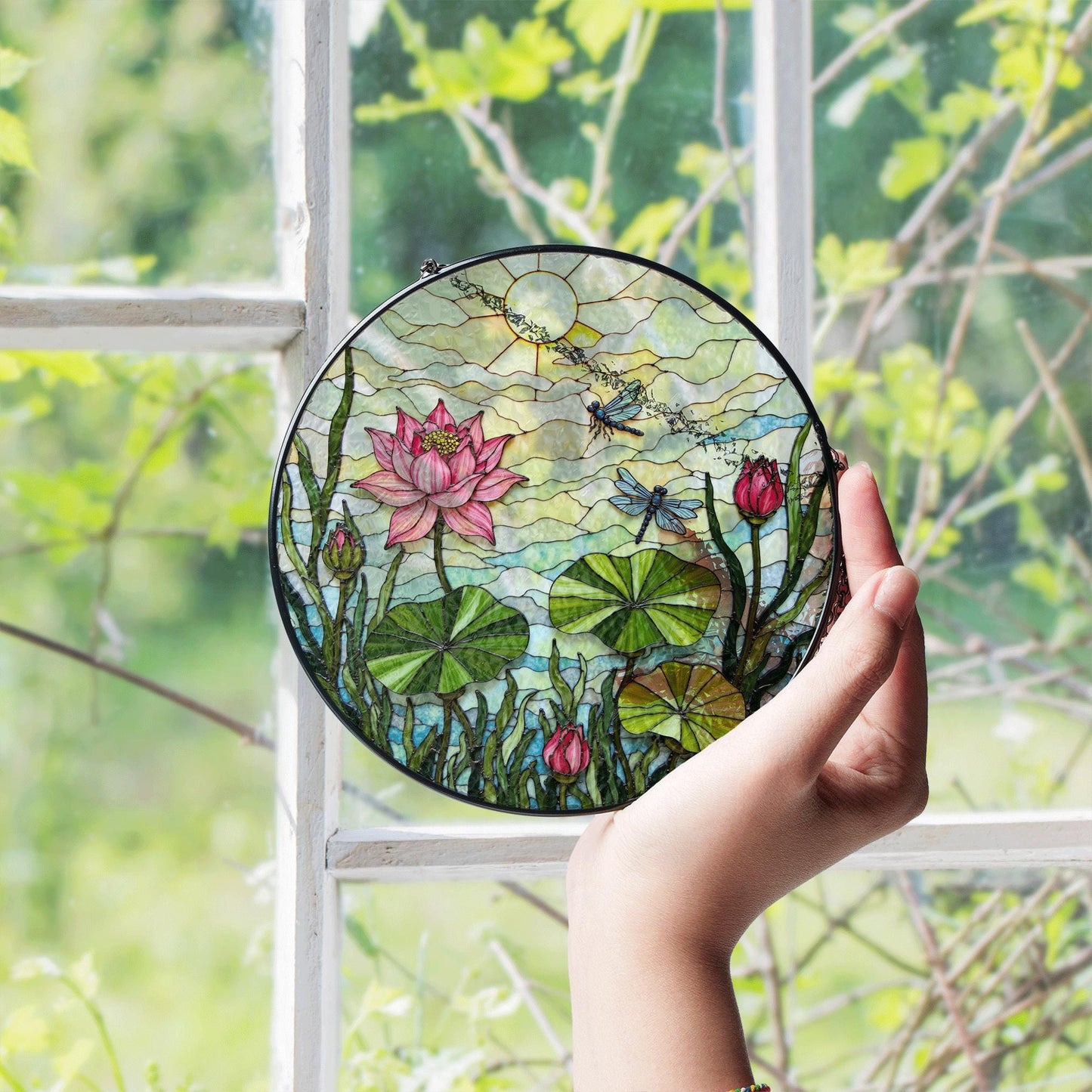 Pink Lotus Dragonfly Art Glass Suncatcher Round Window Hanging Nature Scene Gift for Mom or Garden Lover