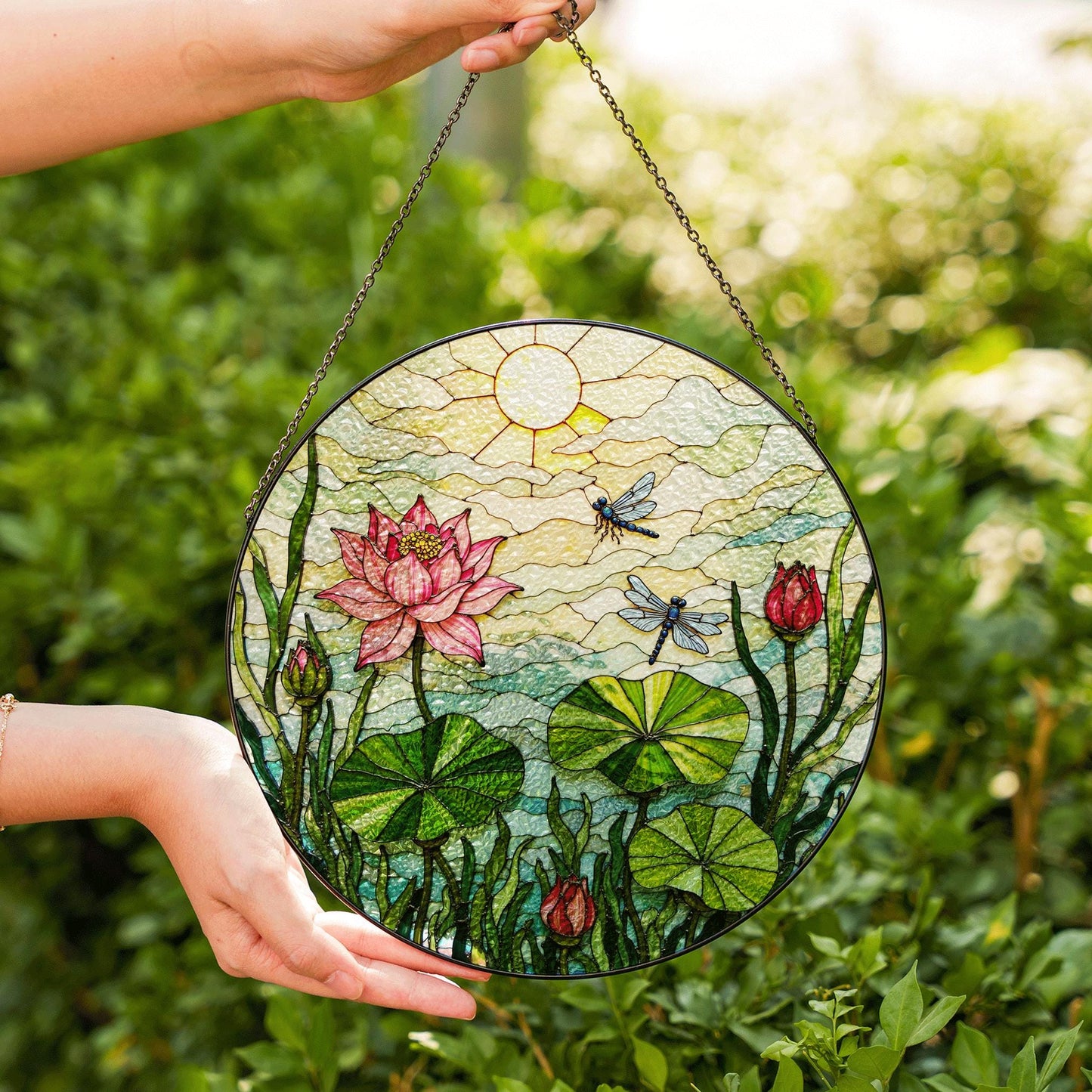 Pink Lotus Dragonfly Art Glass Suncatcher Round Window Hanging Nature Scene Gift for Mom or Garden Lover