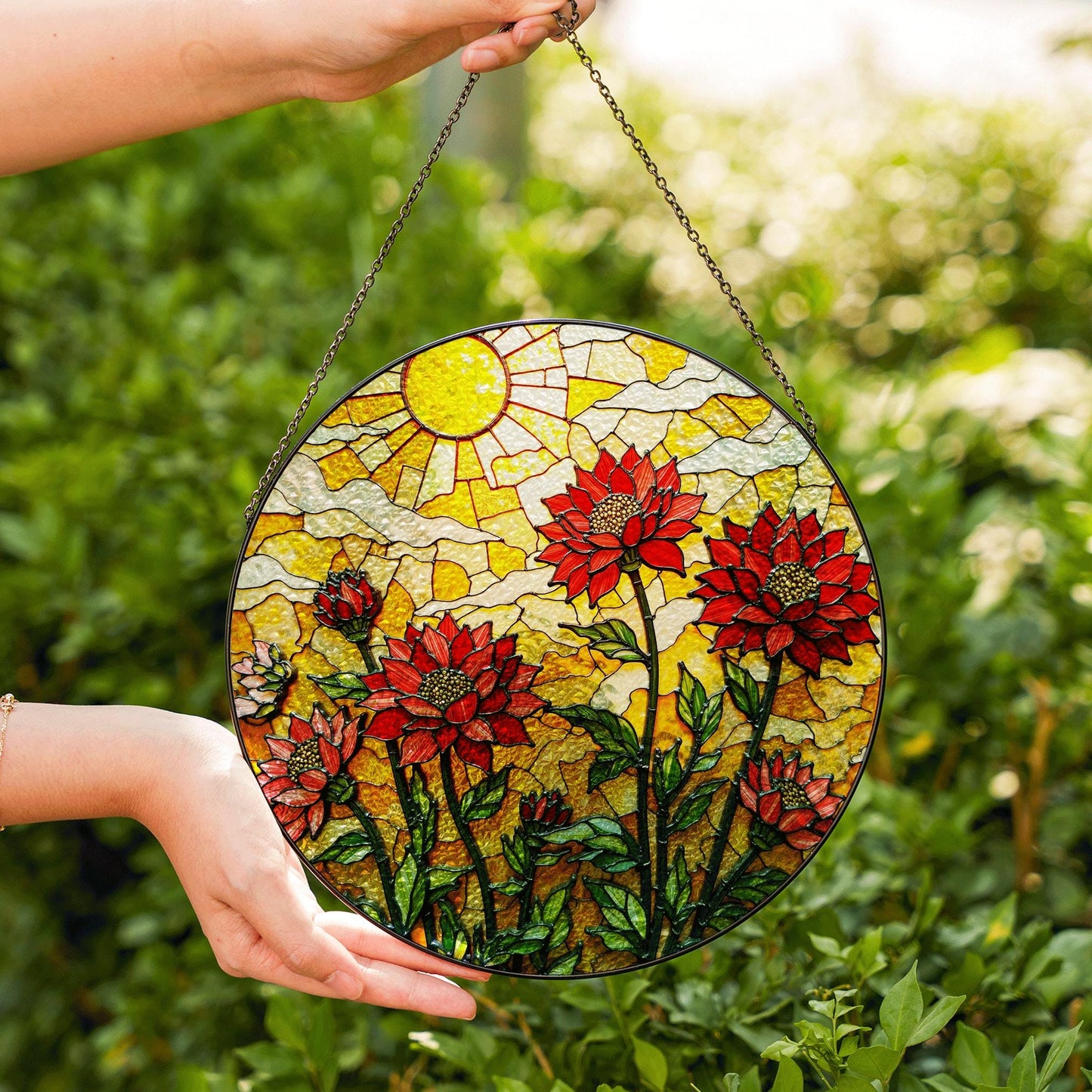 Red wildflower stained glass window sun catcher floral garden art gift for mothers day birthday or nature lover