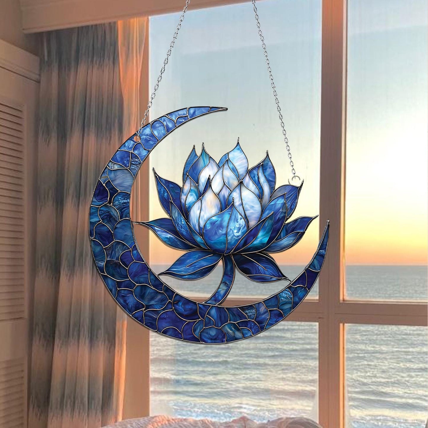 Blue Lotus Moon Acrylic Window Hanging, Meditation Room Decor or Mindful Gift, Lotus Flowers Ornament, Birthday gift, Gift for Garden Lovers