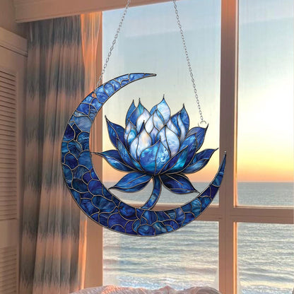 Blue Lotus Moon Acrylic Window Hanging, Meditation Room Decor or Mindful Gift, Lotus Flowers Ornament, Birthday gift, Gift for Garden Lovers